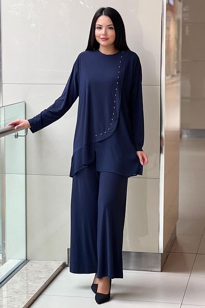 Ceremony Tunic with Front and Hem Chiffon Accessory Deatyl Sandy Suit with Loose Trousers