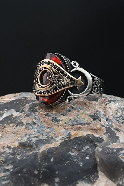 Prestige 925 Ayar Gümüş Erkek Yüzük Ay Yıldızlı (AYYILDIZLI) Kırmızı Zirkon T...