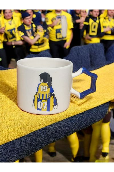 Simge Seramik Fan Dad Girl Yellow Navy Blue Star Handmade Ceramic Mug with Handle Mug Tea Cappuccino Cup
