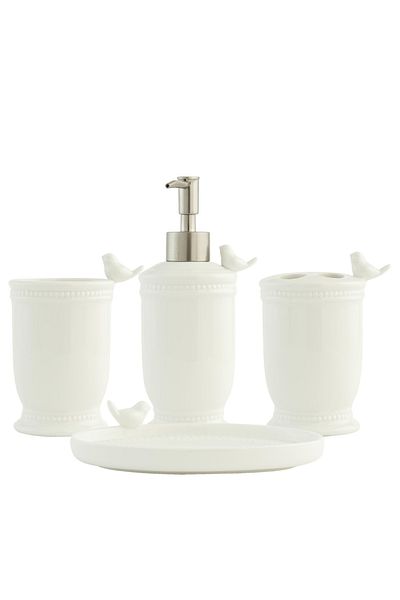 Clayre & Eef Set baie ceramica alba 4 piese Bird 10 cm x 7 cm x 13 h