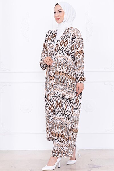 hafsamina Σετ κιμονό βισκόζης με σχέδιο Seva καφέ HM2762