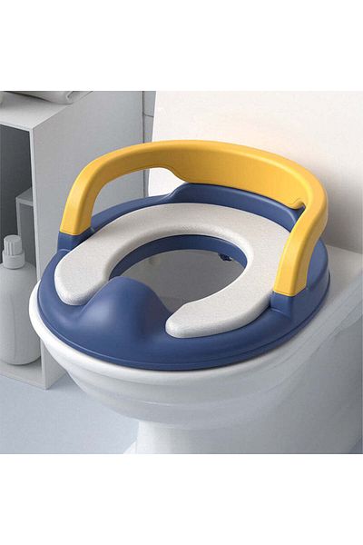 Linovit Scaun de toaletă pentru copii cu mânere, portabil, antiderapant, pentru majoritatea vaselor de toaletă, albastru închis, galben