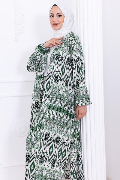 hafsamina Seva Patterned Viscose Kimono Set Green Hm2762