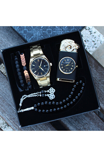 saat&istasyonu Çelik Kordonlu Erkek Kol Saati Seti Erkek Tesbih ''Saatli Çakmak Işıklı '' Bileklik Spor Saat Seti