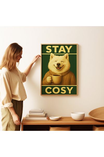 ARTHOUSECOLLECTIVE Αφίσα STAY COSY Coffee Dog – Θέμα ζέστης και άνεσης – Αφίσα χωρίς πλαίσιο