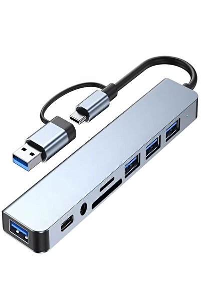 DEANB 8in2 Alüminyum 4xUSB 1xType-C 3.5mm Jak TF/SD USB HUB Çoklayıcı Çeviric...