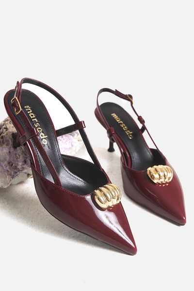 MARSEDO Garcia Women's Stiletto Gold Accessory Detailed Heeled Shoes Burgundy