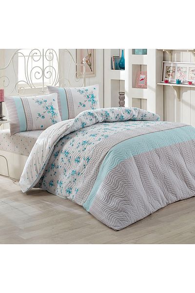 Kristal By Taç Crystal Turquoise Four Seasons Quilted Single Quilt Can Be Placed Duvet Cover Set