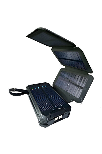 Linomag ® Baterie externă solară 8000mAh, 4 panouri, cabluri incluse, impermeabilă, tip C, negru mat
