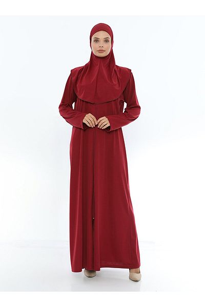 elanesa Women's Zipper Headscarf Ferace Prayer Dress - Burgundy - Olabi Mir