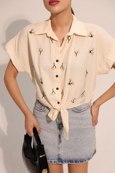 AURRARİ Λινό πουκάμισο με κοντό μανίκι με μοτίβο Daisy