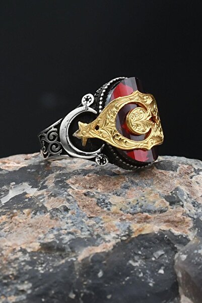 Prestige Kırmızı Zirkon Taşlı Ay Yıldızlı (AYYILDIZLI) Erkek Yüzük 925 Ayar G...