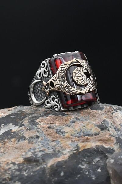 Prestige Erkek Yüzük 925 Ayar Gümüş Ay Yıldızlı (AYYILDIZLI) Kırmızı Zirkon Taşlı 901878