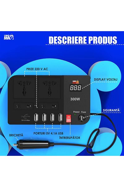 Linomag Invertor auto Linomag® 300W, 12V CC la 220V CA, USB 4.1A, prize EU/UK/US/AU, negru