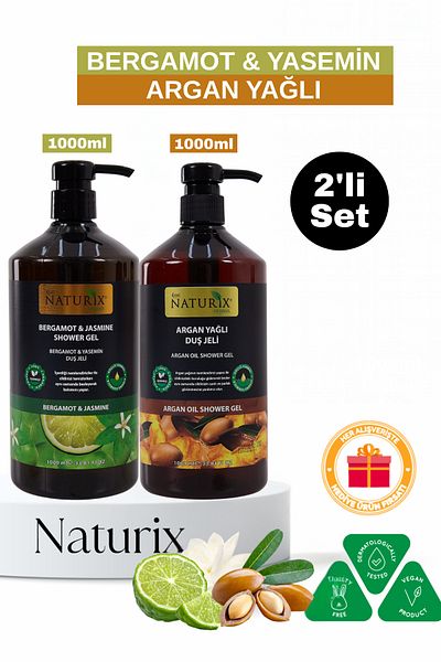 Naturix Bergamot Jasmine & Argan Oil Shower Gel Set of 2 Moisturizing and Refreshing Care - 2X1000Ml