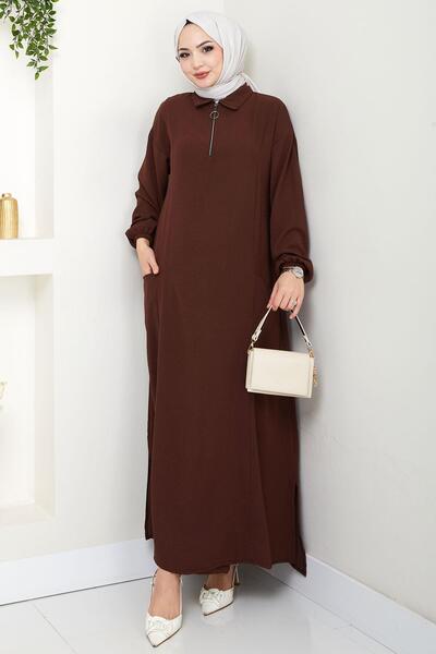 hafsamina Ayrobin Suit with Half Zipper Pocket Brown Hm2759