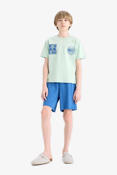 DeFacto E6651 Turquoise Boys Pajama Set Printed Short Sleeve T-Shirt Elastic Waist Shorts