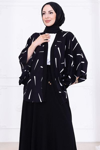 hafsamina Patterned Skirt Kimono Set Black Hm2767