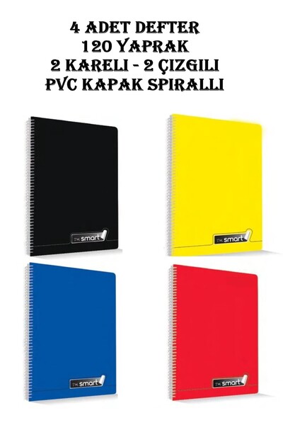 GÜZELYÜZ AVM I'M Smart Defter A4 Okul Defteri 120 Yaprak 4 ADET 2 KARELİ 2 ÇİZGİLİ Spralli Pp Kapak Defter Seti