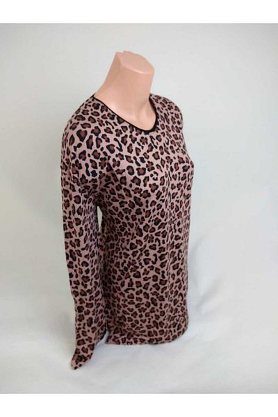 YAŞAR TRİKO Γυναικείο καφέ Leopard U-Neck μακρύ μπλουζάκι με σχέδιο με σχισμή υφαντό βισκόζη Mother χτενισμένο μπλουζάκι