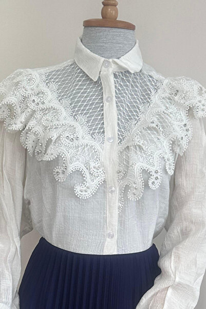 Butikden Taş ve Güpür İşlemeli Şık Gömlek Uzun Kollu