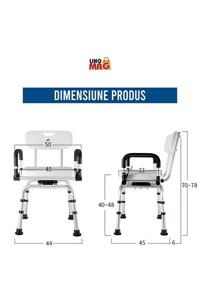 Linomag 360° Rotating Shower Chair Linomag® , Adjustable, Soft Seat, Backrest, Suction Cups, B/W, Aluminum