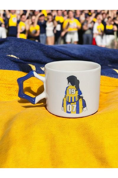 Simge Seramik Fan Dad Girl Yellow Navy Blue Star Handmade Ceramic Mug with Handle Mug Tea Cappuccino Cup