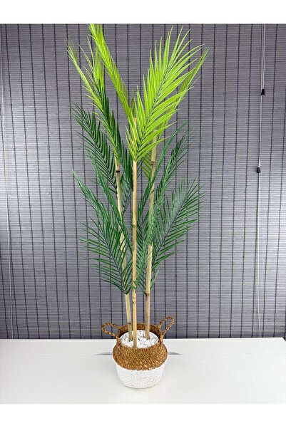 Bahçem Dekoratif Yapay Yapraklı Natural-Beyaz Hasır Bambu Sepetli Areka Palmi...