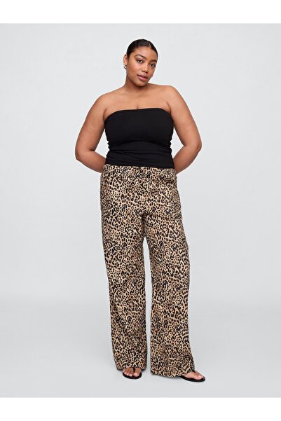 GAP Kadın Kahverengi Mid Rise Keten Karışımlı Pull-On Wide-Leg Pantolon