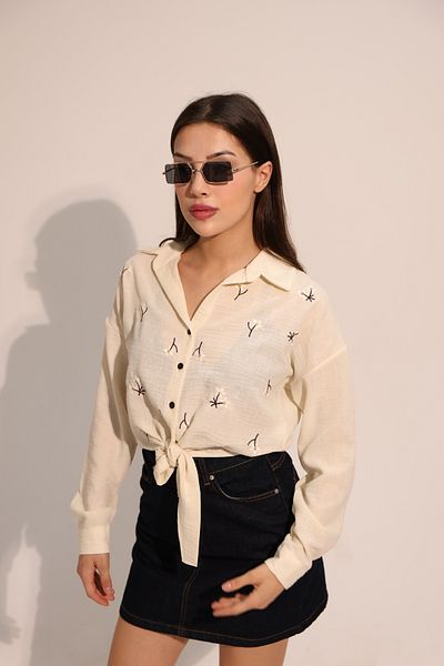 AURRARİ Cămașă de in cu mânecă lungă cu model margaretă