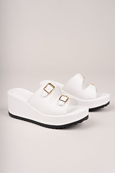 ayselin moda Double Buckle White Skin Wedge Heel Orthopedic Women's Slippers