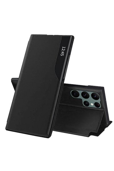 Optim Solution Husă din piele cu clapă pentru Samsung Galaxy S25 Ultra, închidere magnetică, Smart View, suport inteligent, neagră