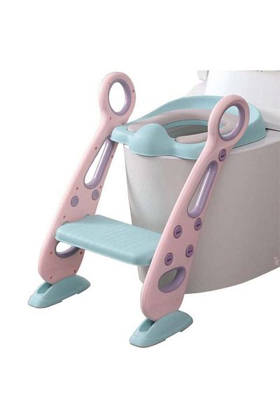 Linovit Foldable Kids Toilet Seat Reducer with Ladder, Soft & Adjustable, 42.6x55x41.5 cm, Rose/Teal