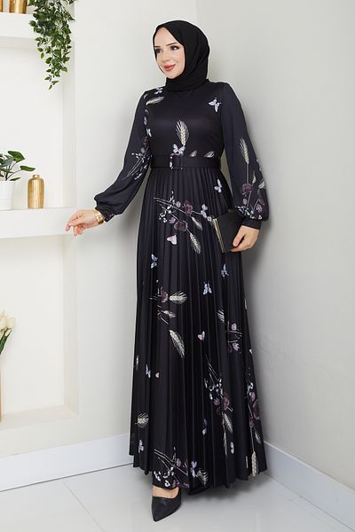 Pamuk Butik Γυναικείο φόρεμα με στάμπα με πλισέ σχέδιο σίτου με ζώνη