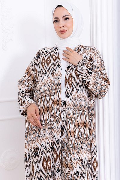 hafsamina Seva Patterned Viscose Kimono Set Brown Hm2762