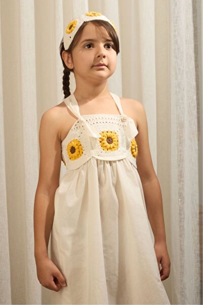 Talinhandmade Motifed Strap Summer Girl's Dress White