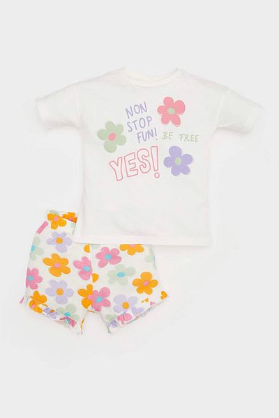 DeFacto E0684 Ecru Baby Girl 2-Piece Set Printed Short Sleeve T-Shirt Floral Shorts