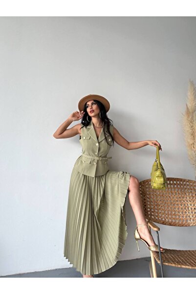 Bella Breeze Kadın Kemerli Düğmeli Yelek Pileli Etek Takım Elbise