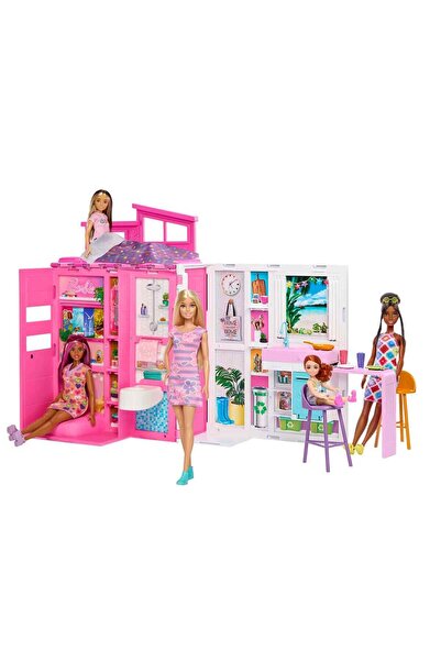 Barbie Portatif Tatil Evi™ Bebek ve Oyun Seti, 4 oyun alanı ve 11 dekorasyon aksesuarı HRJ77
