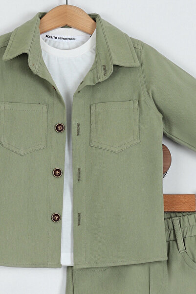 Pollito Erkek Çocuk Pamuklu Gömlek Tişört Pantolon 3'lü Alt Üst Takım