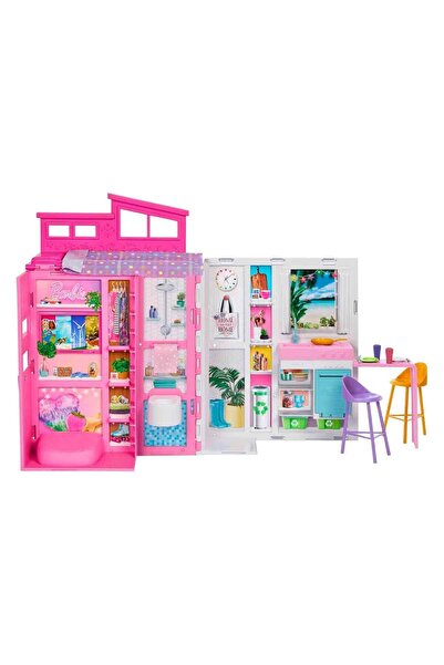 Barbie Portatif Tatil Evi™ Bebek ve Oyun Seti, 4 oyun alanı ve 11 dekorasyon aksesuarı HRJ77