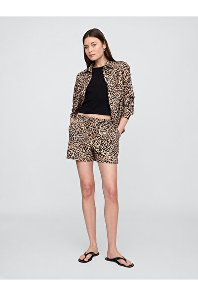 GAP Kadın Kahverengi Bağcıklı Keten Karışımlı Şort