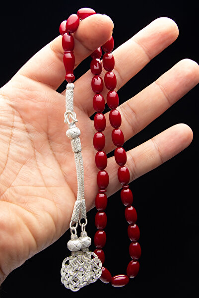 EHİNOS Certified Silver Kazaz Tassel Burgundy Crimping Amber Prayer Beads