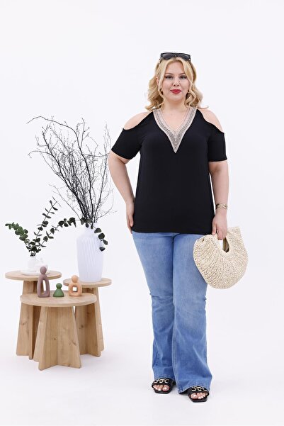 Siyezen Plus Size Lace Collar Off Shoulder Low-Cut Blouse