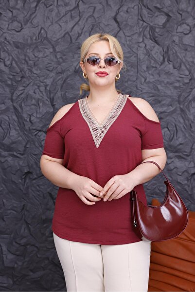 Siyezen Plus Size Lace Collar Off Shoulder Low-Cut Blouse