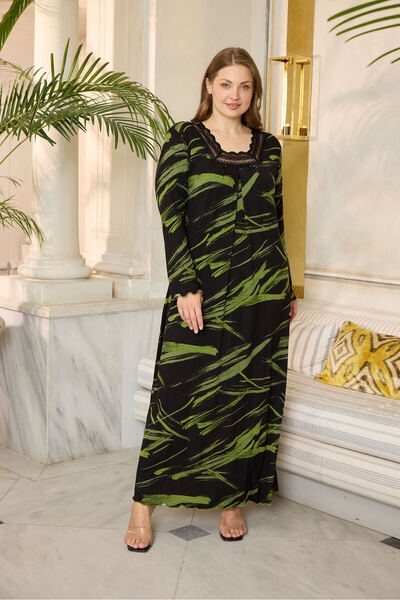 Miss Meryem Black Brushstroke Patterned Ring Viscose Long Sleeve Dress