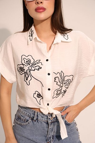 AURRARİ Floral Patterned White Short Sleeve Shirt