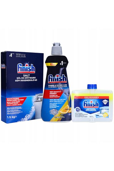 Finish Set of 3 products for the Finish dishwasher, salt 1.5kg, cleaner 250ml, rinse aid