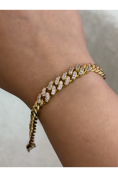 Hicrans Takı ÜSTÜ TAŞLI KALIN GURMET MODEL 14K GOLD ÇELİK BİLEKLİK