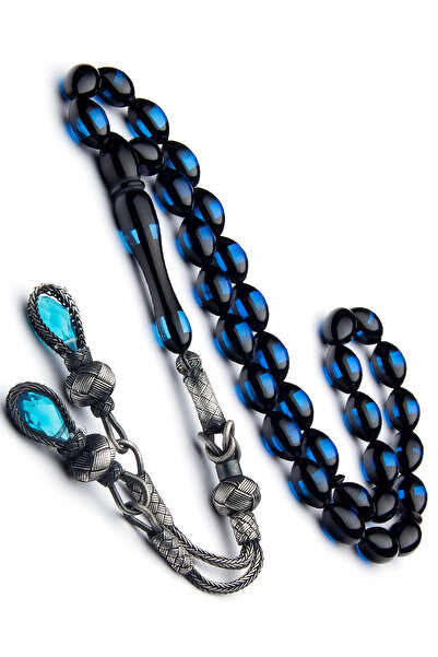 EHİNOS Erkek Gümüş Kazaz Püskül 7x11mm Mavi Sürmeli Kehribar Tesbih